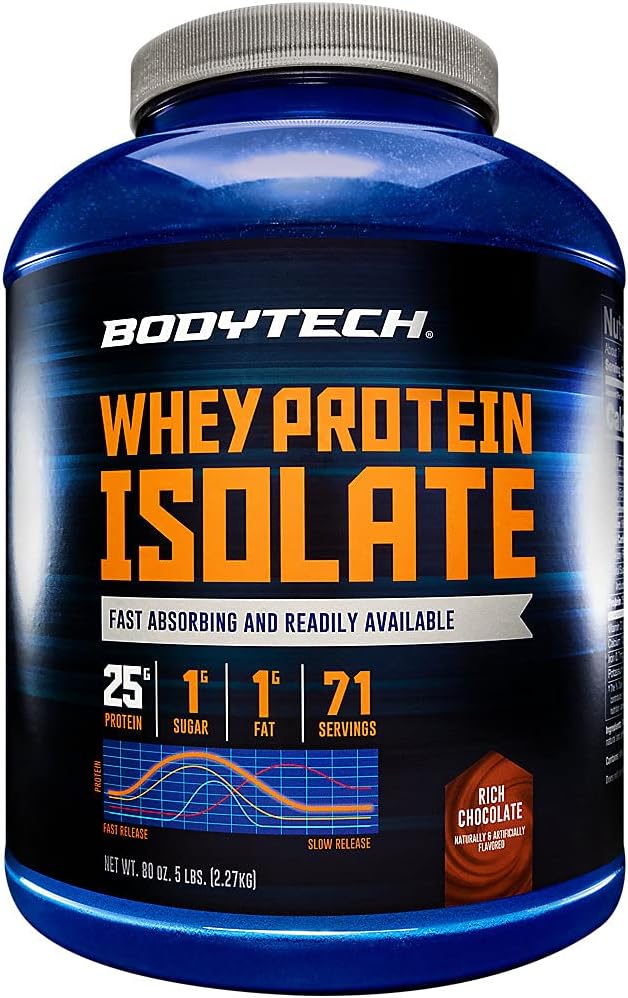 BodyTech Whey Protein Isolate Powder Rich Chocolate Flavor 25g Protein per Serving High Concentrated Protein Powder with Amino Acids &amp BCAAs for Men and Women Gluten Free 5 lb 71 Servings