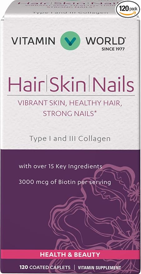 Vitamin World Hair Skin and Nails Formula 120 caplets Biotin B-7 Vitamin Healthy Hair Skin Nails Type I and III Collagen Coated Gluten Free