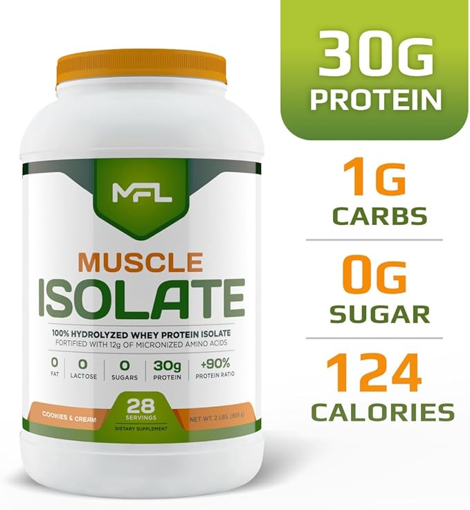 MFL 100% Pure Isolate Protein 2 lbs l 30g of Protein l 12g Amino Acids l Keto Friendly l Low Carbs | 28 Servings (Cookies &amp Cream)