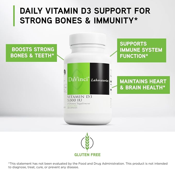 DAVINCI Labs Vitamin D3 5000 IU - Dietary Supplement to Support Healthy Teeth and Bones Cardiovascular Function and Immune Health* - with 5000 IU per Serving - Gluten-Free - 120 Capsules