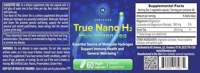 True Nano H2 with Green Tea by H2 Universe | Molecular Hydrogen with Active Hydrogen Nanobubbles Boosts Energy Powerful Antioxidant| 60 Capsules
