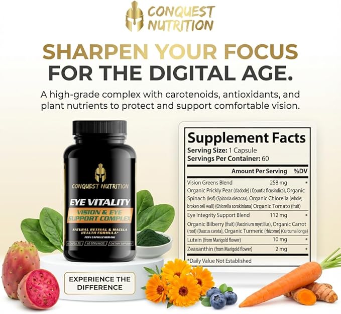 Eye Vitality Vision &amp Eye Support Enhance Eye Health Bilberry Lutein Zeaxanthin. 60 Veggie Caps