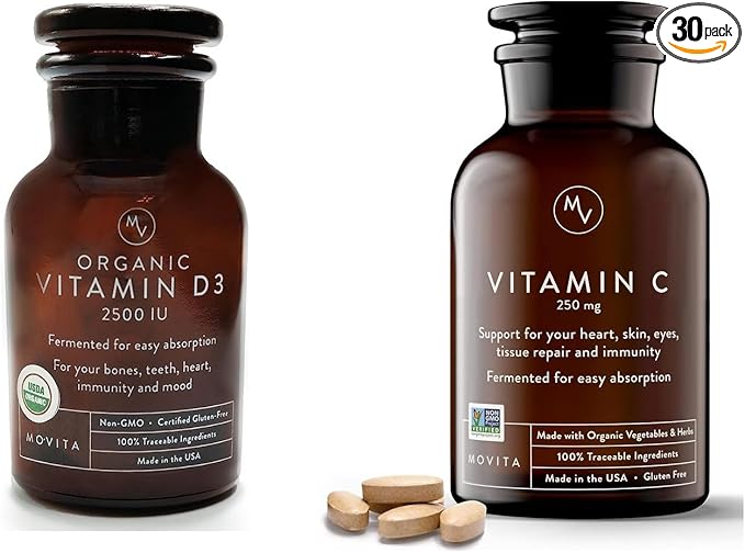 Movita Organic Vitamin D3 2500IU Bottle Fermented Vitamin C 250mg Bottle