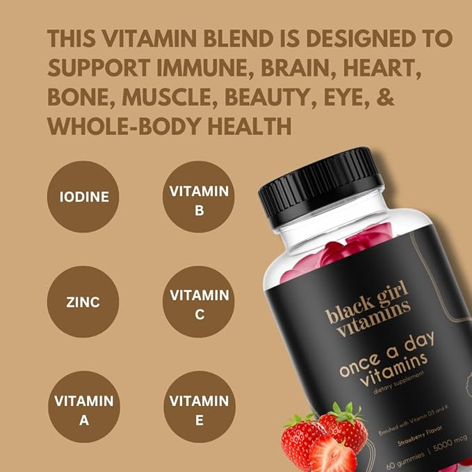 Black Girl Vitamins Once a Day - Womens Multivitamin Gummy - Vitamin A B C E and Zinc. Multivitamin for Women Immune Support. Vegan Gluten-Free. Made in The USA (30 Day Supply Strawberry)