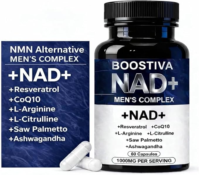 Boostiva NAD+ Supplements for Men with NAD Resveratrol CoQ10 L-Citrulline &amp Lycopene – Nitric Oxide Support Prostate Care Anti-Aging Stamina &amp Cellular Energy Boost 60capsules (1)