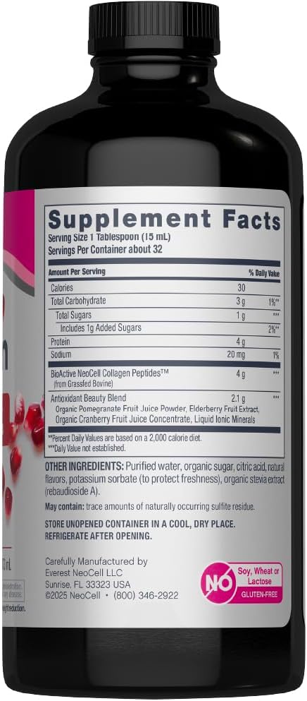 NeoCell Liquid Collagen Skin Hair Nails and Joints Supplement Includes Fruit Juice Concentrates and Green Tea Blend Pomegranate 16 oz. 1 Bottle