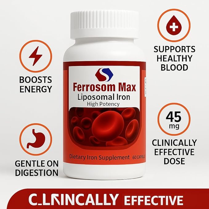 Max Liposomal Iron Supplement 60 Capsules (45mg Pure Elemental Iron) by Siba Pharm | Maximum Absorption Formula | Non GMO Vegan Premium Quality | Helps New Blood Cell Production.