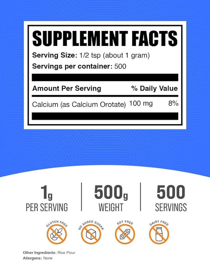 BulkSupplements.com Calcium Orotate Powder - Calcium Orotate Supplement High Bioavailability - Unflavored &amp Gluten Free 1g per Serving 500g (1.1 lbs) (Pack of 1)