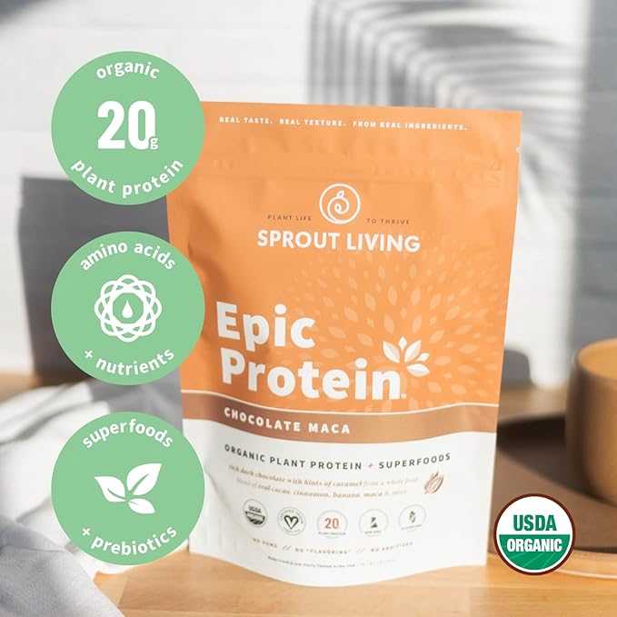 Sprout Living Epic Protein Bundle - Chocolate Maca &amp Vanilla Lucuma (20g Organic Plant-Based Protein Powder Vegan Gluten Free Superfoods) | 1lb 12 Servings