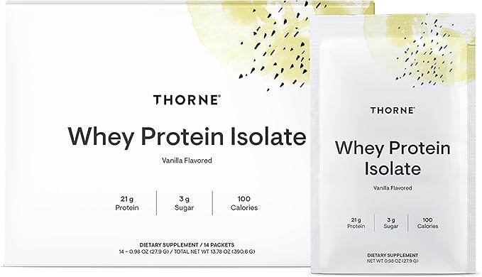 THORNE - Whey Protein Isolate - Balanced Amino Acids Profile with BCAAs - 21 Grams of Easy to Digest Whey Protein Powder - NSF Certified for Sport - Vanilla - Gluten &amp Soy-Free - 14 Packets