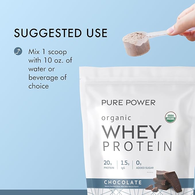 Dr. Mercola Pure Power Organic Whey Protein - 20 g Protein - Supports Muscle Growth &amp Energy - Grass-Fed Whey Concentrate - 15 Servings (20.60 oz) - Chocolate