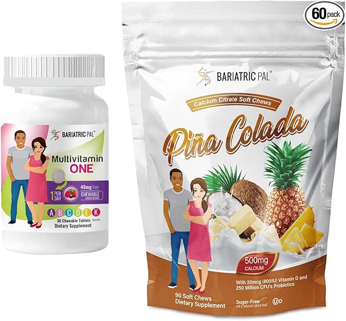 BariatricPal 30-Day Bariatric Vitamin Bundle (Multivitamin ONE 1 per Day! Chewable with 45mg Iron - Mixed Berry and Calcium Citrate Soft Chews 500mg with Probiotics - Piña Colada)