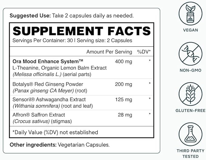Ora Organic - Stress Relief Supplement - Supports Mood &amp Mental Focus - Feel Calm &amp Relaxed - Sensoril Ashwagandha Saffron Ginseng L-Theanine Lemon Balm - 60 Capsules