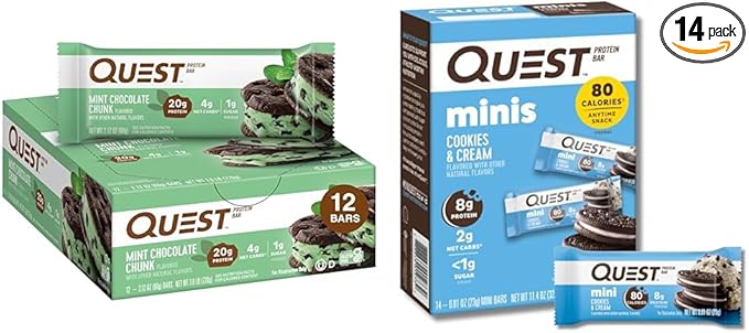 Quest Protein Bars Bundle - Mint Chocolate Chunk (12 Count) &amp Mini Cookies and Cream (14 Count)