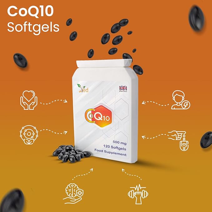 VED CoQ10 500mg | Co Enzyme Q10 | Highest Strength | Naturally Fermented Ubiquinone Coenzyme | Superior Natural Formula | 500mg 120 Softgels| 4 Months Supply