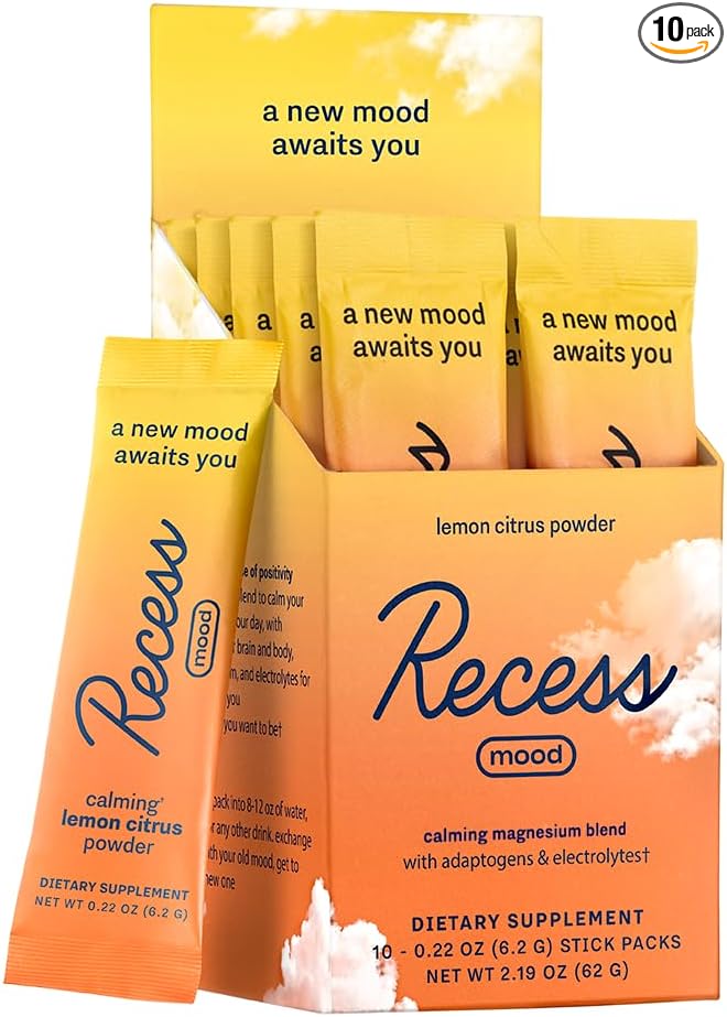 Recess Mood Powder Magnesium L-Threonate Blend with Passion Flower L-Theanine Electrolytes Magnesium Calm Support Powder Supplement - Lemon Citrus Pack of 10