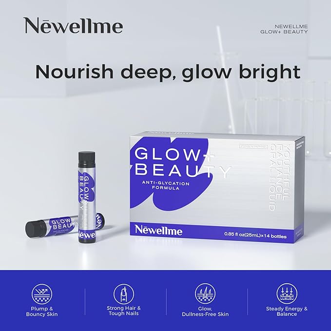 NEWELLME Glow+Beauty Collagen Drink – Liquid Beauty Supplement with Hyaluronic Acid &amp Antioxidant Complex Supports Skin Hydration Hair &amp Nail Strength 28 Bottles