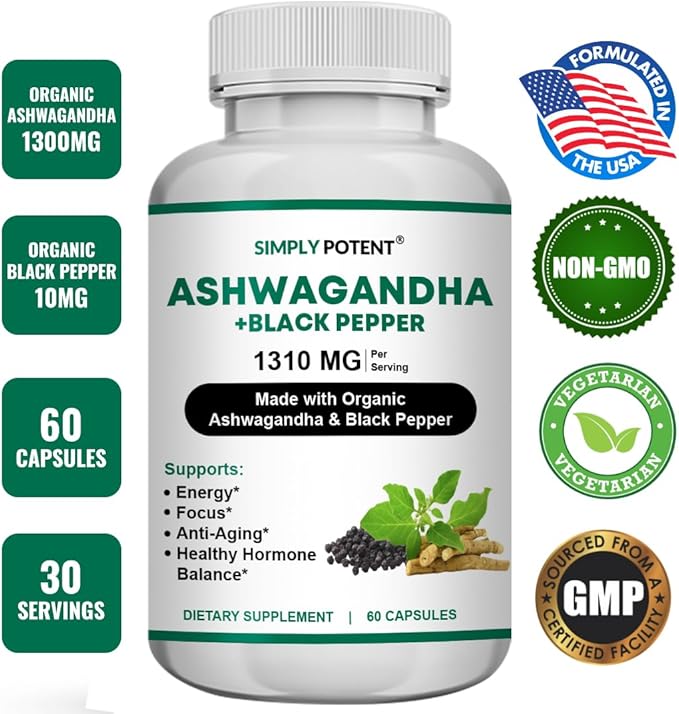 Simply Potent Ashwagandha Capsules Organic Ashwagandha Supplement with Black Pepper High Absorption Ashwagandha Root Pills 650 mg Ashwagandha Extract for Stress Immune Energy &amp Mood Support 60
