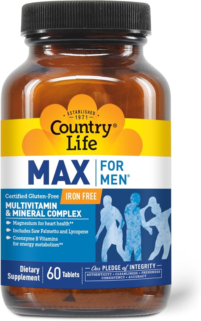 Country Life Max for Men Multivitamin &amp Mineral complex Iron-Free Vegetarian Tablets 60 Count Certified Gluten Free Certified Vegetarian