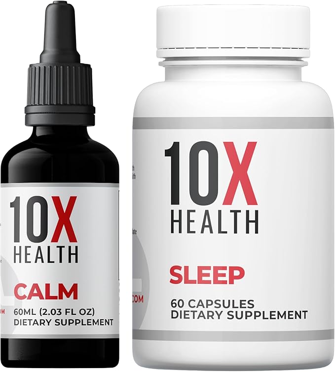 10X Health Calm (AM) &amp Sleep (PM) Bundle - L Theanine &amp GABA Liquid + Magnesium Supplement L-Theanine &amp Organic Melatonin Capsules - 30-Serving Dropper + 60 Capsules