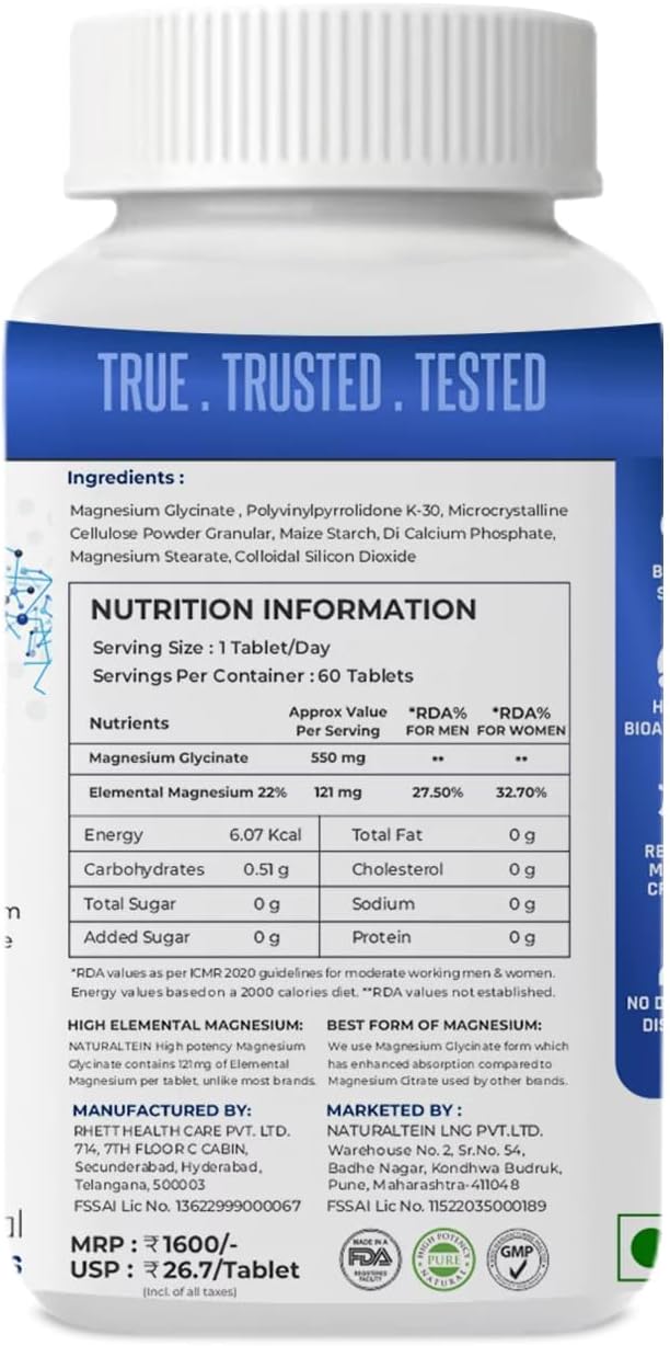 Magnesium Glycinate Supplement - 60 Tablets x 121 mg Elemental Magnesium 555 mg Once Daily Women Pure Chelated Bisglycinate for Good Health and Sleep - Tested and Trusted for Heavy Metals