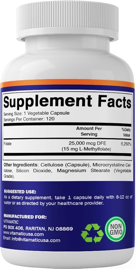 Vitamatic Methyl Folate 15mg – 120 Vegetable Capsules - 2 Pack Optimized and Activated High Potency – Metabolically Active Folate