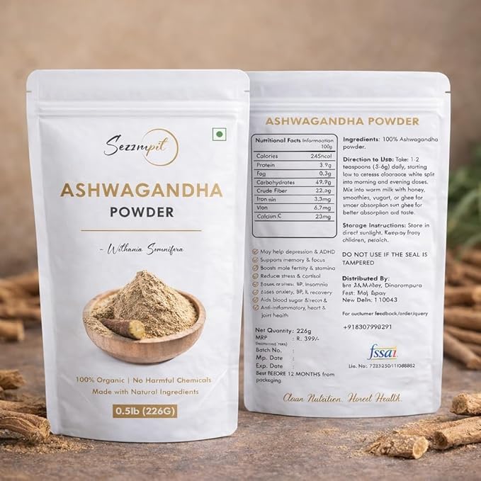 Natural Ashwagandha Powder - Ayurvedic Root Extract for Stress Relief Energy Boost Focus &amp Sleep Quality - Vegan Non-GMO Chemical-Free 226g