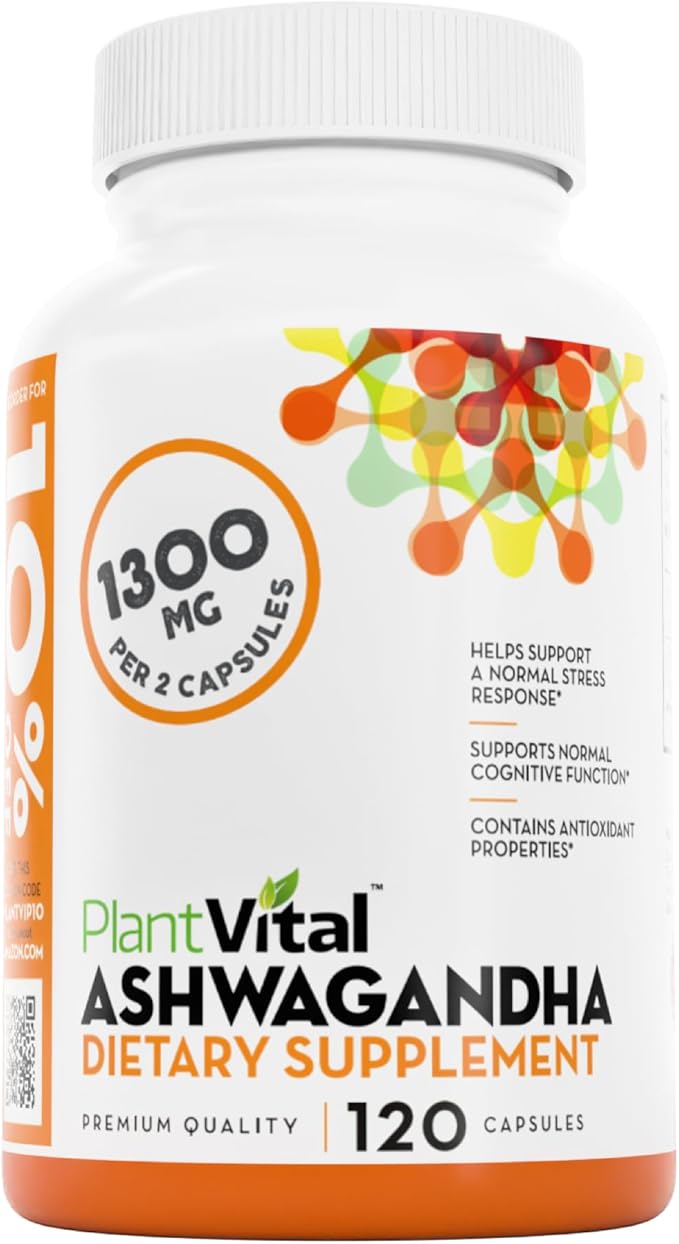 Plantvital Organic Ashwagandha Capsules with Black Pepper 1300mg - 120 Vegan Capsules for Normal Stress Response Normal Sleep and Energy - Non-GMO Gluten-Free Made in USA