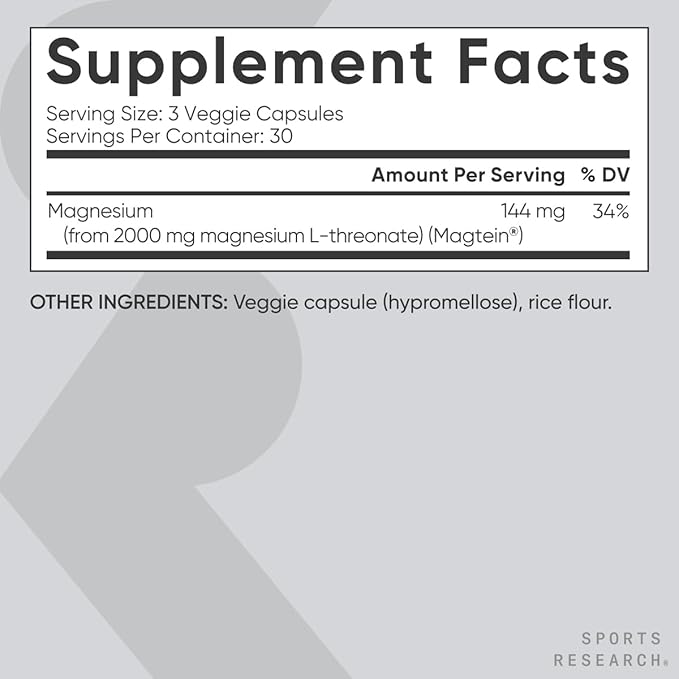 Sports Research® Magnesium L-Threonate Capsules 2000mg - High-Absorption Magtein® for Enhanced Brain Health Memory Focus &amp Restful Sleep Support - Vegan · Non-GMO · Gluten Free - 90 Count