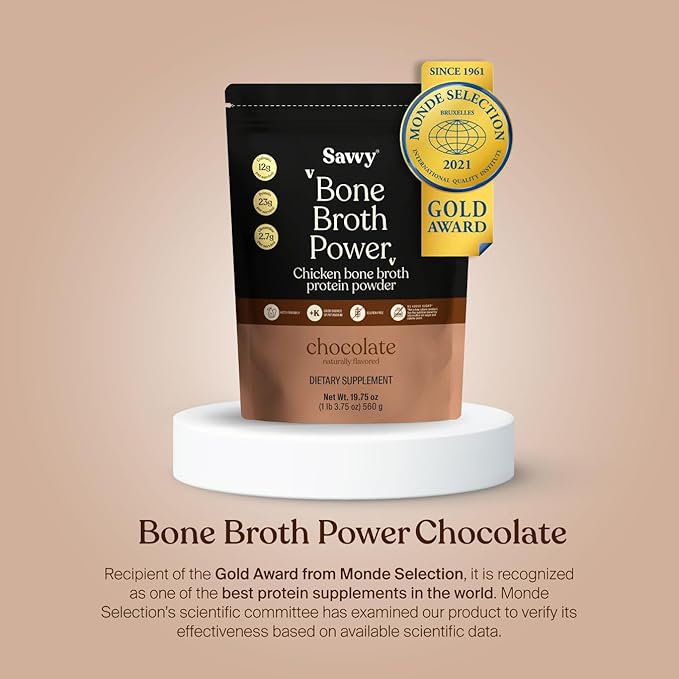 SAVVY Bone Broth Power Chocolate Protein Powder 23g Protein 12g Collagen &amp Glutamine Muscle Joint Digestive &amp Skin Health Keto Dairy Free Award-Winning Bone Broth 560g (16 Servings)