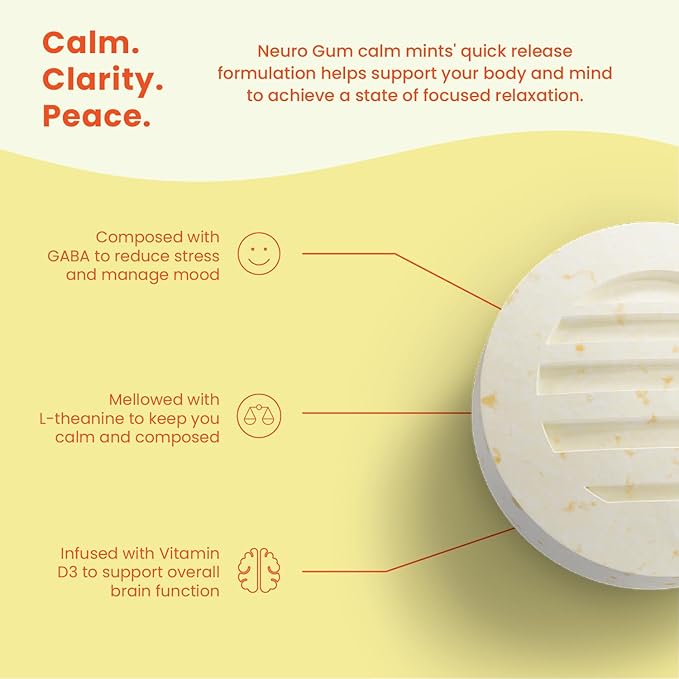 Neuro Calm &amp Clarity Mints - GABA L-Theanine Stress Supplement with Vitamin D3 - Non-Drowsy Functional Calming Mints for Mood Mental Clarity &amp Cognitive Function - Honey Lemon 90 ct