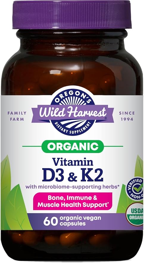 Oregon’s Wild Harvest Organic Vitamin D3 &amp K2 – Bone Immune &amp Muscle Health Support – Vegan Capsules with Microbiome-Supporting Herbs Aquamin® Trace Minerals USDA Organic 60 Ct