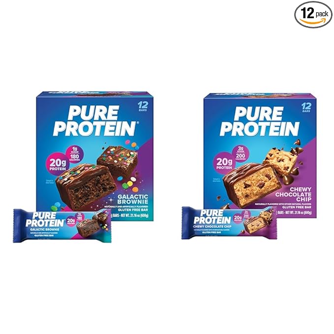 Pure Protein Galactic Brownie &amp Chocolate Chip Protein Bars Bundle - 12 Count Boxes | 20g High Protein Gluten Free Low Sugar Great Taste!