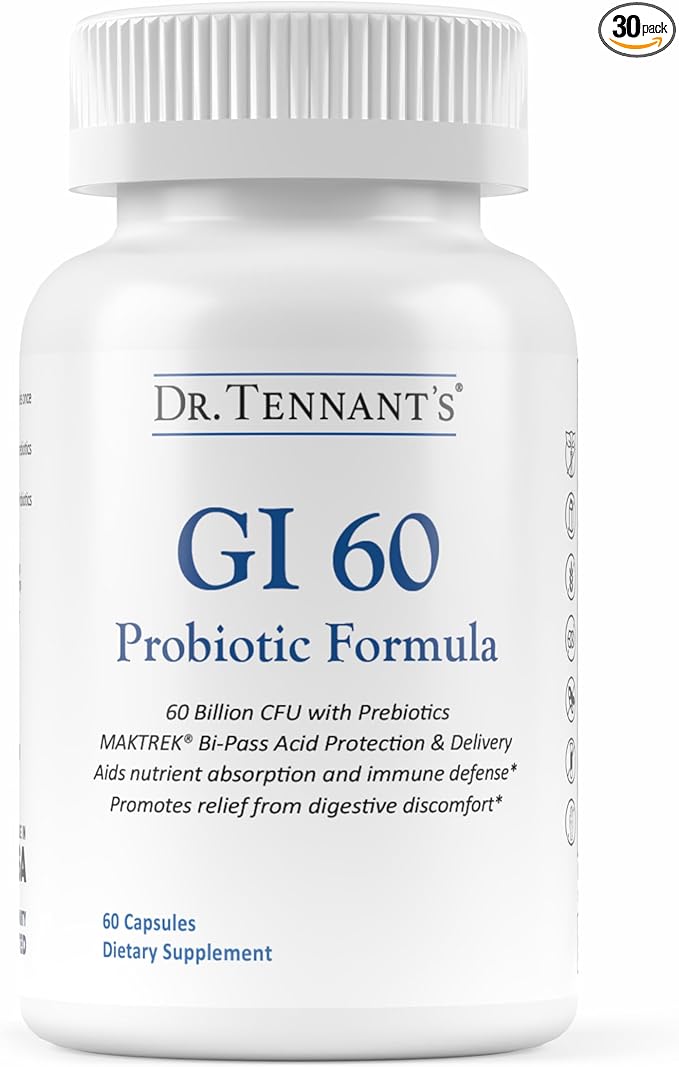 Dr. Tennant's Probiotic Formula with Prebiotics | 60 Billion CFUs | Time-Release Acid-Resistant Vegan Capsules | Gluten-Free Dairy-Free No Refrigeration Needed