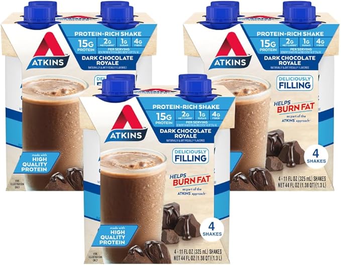 Atkins Dark Chocolate Royale Protein Shake &amp Café au Lait Iced Coffee Protein Shake 15g Protein Low Glycemic 3g Net Carb 1g Sugar Keto Friendly 12 Count