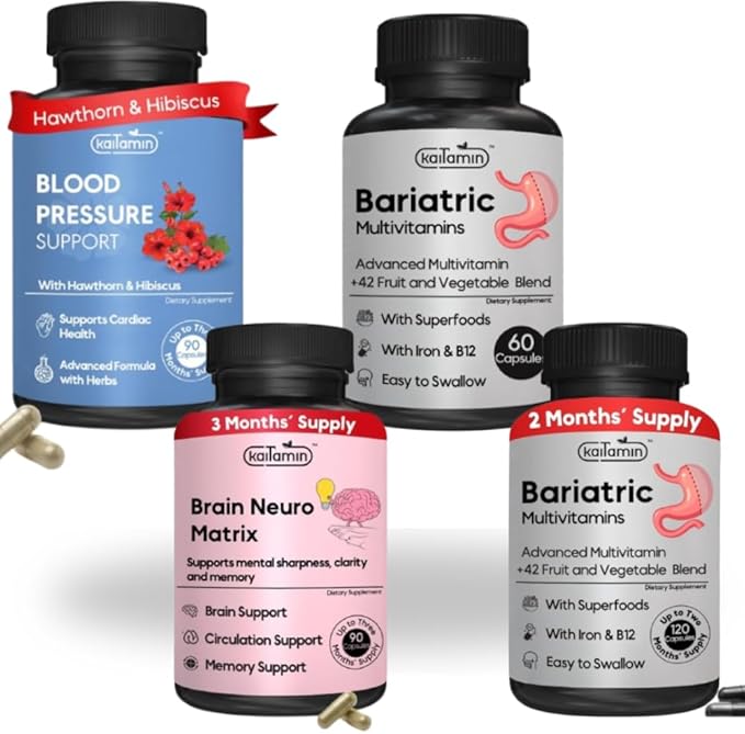 Complete Wellness Bundle for Post-Bariatric Support &amp Heart Health – Multivitamins Blood Pressure Memory &amp Focus – 4-Pack (120 90 90 60 Capsules)