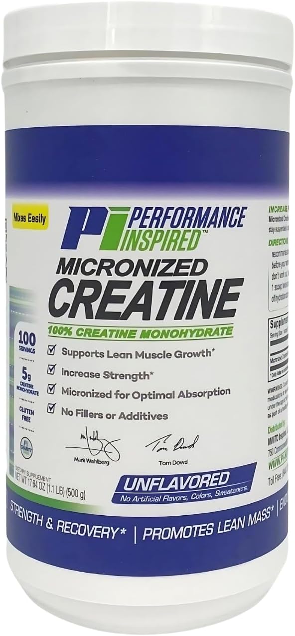 PERFORMANCE INSPIRED Nutrition Micronized Creatine Monohydrate – 100% Pure Unflavored – 5G Per Serving – 100 Servings – 1.1 LB