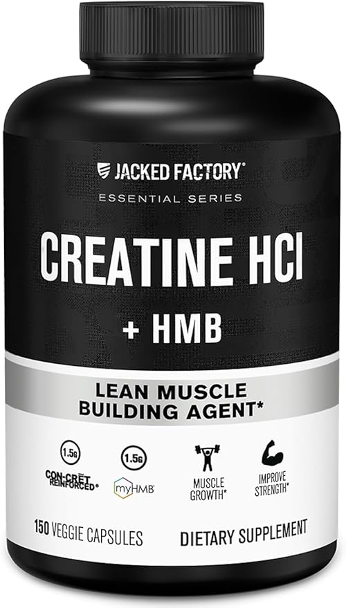 Jacked Factory Creatine HCL + HMB Capsules - Synergistic CON-CRET myHMB &amp Vitamin D Formula for Improved Growth Strength &amp Reduced Muscle Breakdown - 150 Capsules