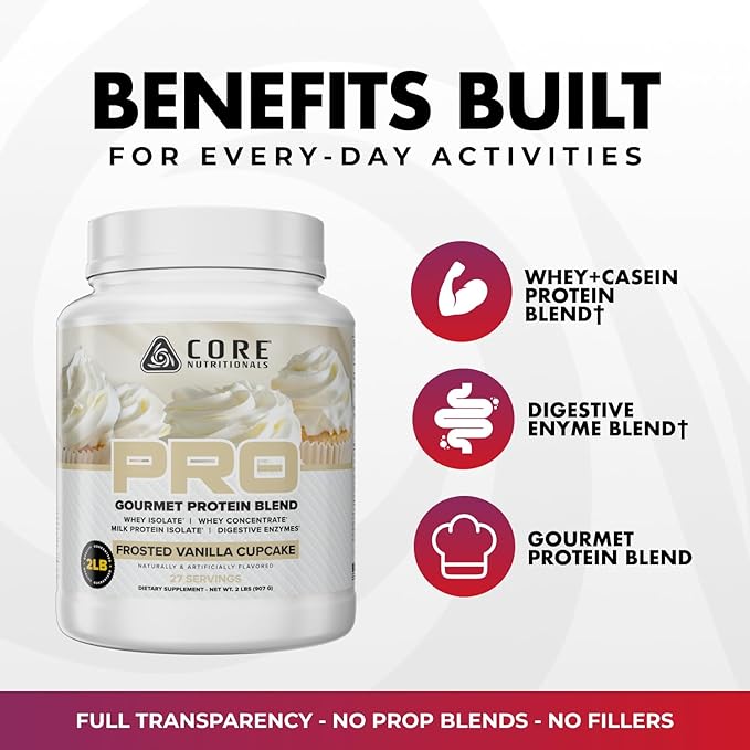 Core Nutritionals PRO Gourmet Protein Blend | Whey Protein Blend | with MCTs &amp Digestive Enzymes | Sustained Release Protein &amp Recovery Support | 26 Servings (Cookies N Cream)