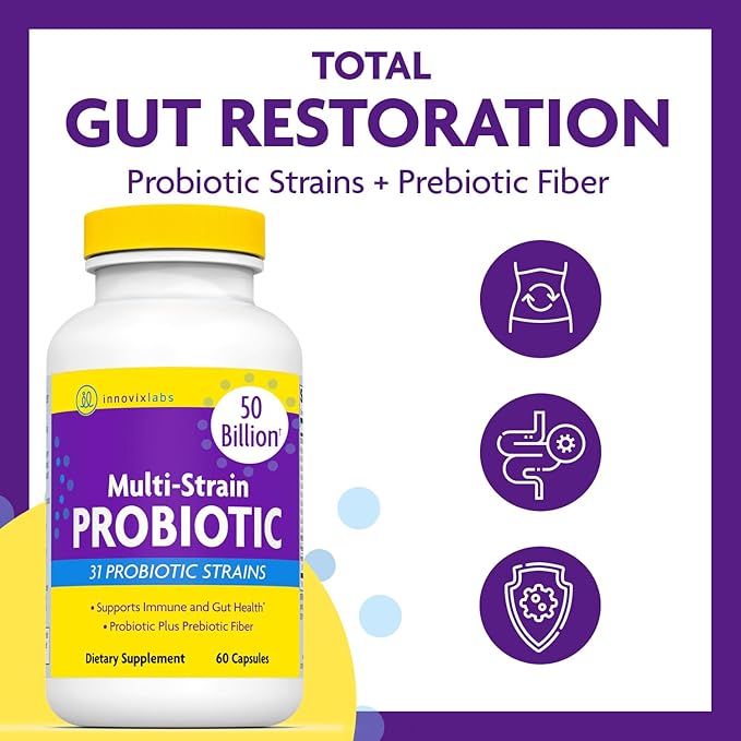 InnovixLabs Multi Strain Probiotics for Women &amp Men - Probiotic Supplement - 50 Billion CFU - Gut Health Immune Support Digestion Lactobacillus Acidophilus Prebiotics and Probiotics 60 Capsul