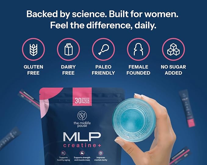 Midlife Pause MLP Creatine + Creapure Creatine Powder Mixed Berry 30 Servings Stick Packs 5g per Serving Alpha GPC + B Vitamins Supports Strength Lean Muscle &amp Recovery for Women