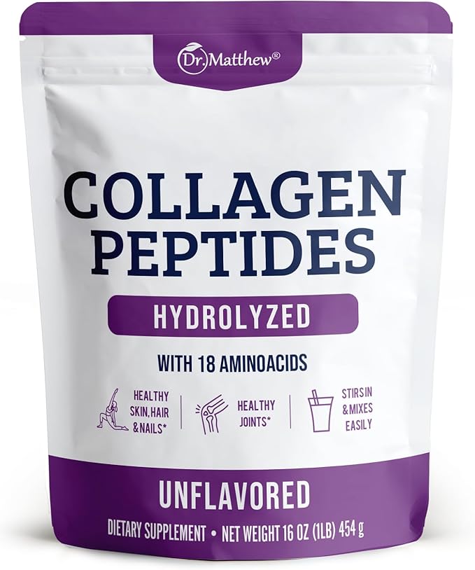Dr. Matthew Hydrolyzed Collagen Peptides Powder - Unflavored &amp Grass Fed Protein Supplement for Hair Skin Joints - Non-GMO Keto-Friendly Type 1 and 3 for Women and Men