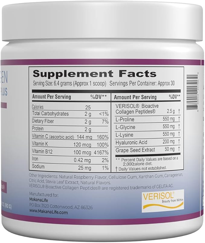 Makana Collagen Peptides Plus – with Verisol® Vitamin C Hyaluronic Acid &amp Amino Acids – Supports Hair Skin Nails &amp Joints 30 Servings – Raspberry Flavor
