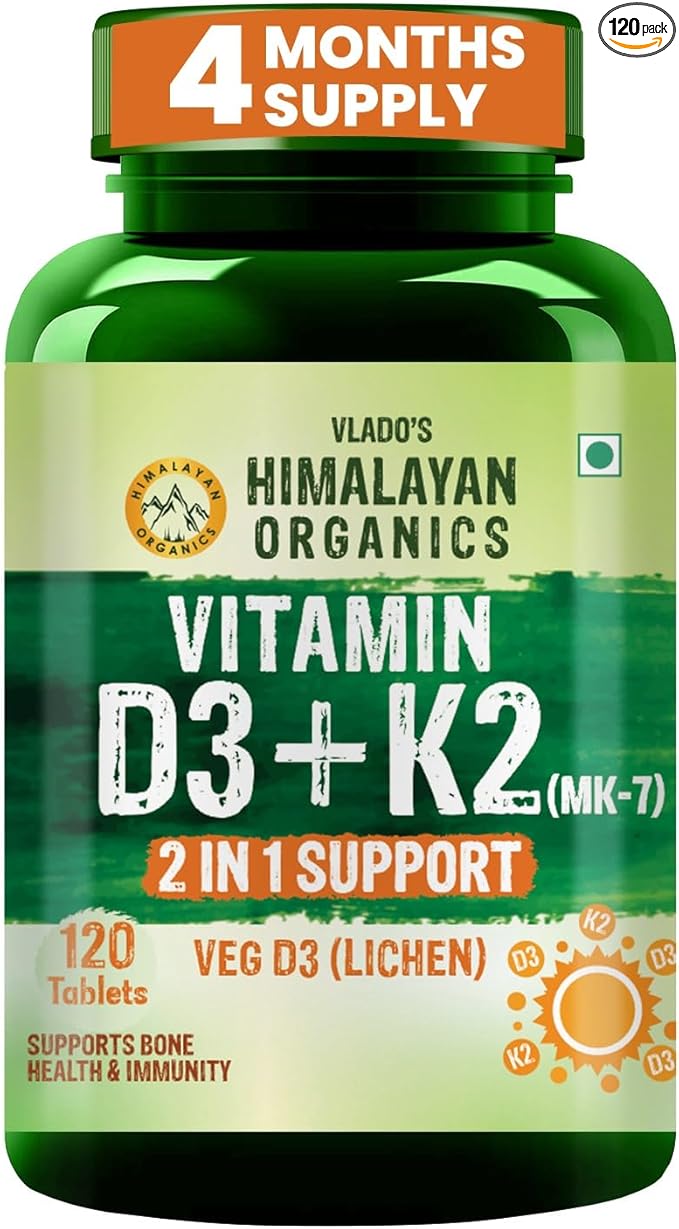 Himalayan Organics Vitamin D3 with K2 As MK7 Supplement- 120 Veg Tablets