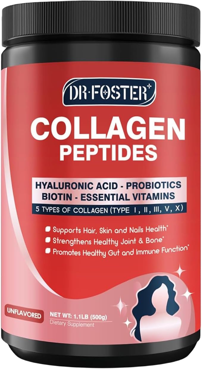 DRFOSTER Multi-Collagen-Peptide-Powder with Probiotics 50 Servings of Hydrolyzed Collagen Peptides with Hyaluronic Acid Biotin &amp Multivitamins - Supports Skin Hair Nails Health
