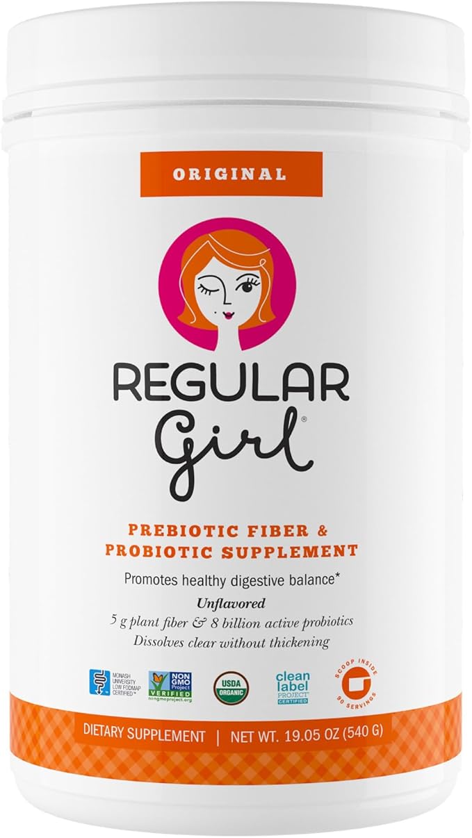 Regular Girl Organic Powder Prebiotic Fiber Supplement and Probiotics for Women Low FODMAP 90 Day Bulk Supply Unflavored 90 Servings