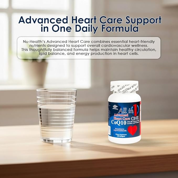 Nu-Health All in One Advanced CoQ10 Supplement | Co Q 10 Supplement with Omega-3 Fish Oil Flaxseed Oil Soy Lecithin &amp Vitamin E | Heart Health Support | 120 Softgels