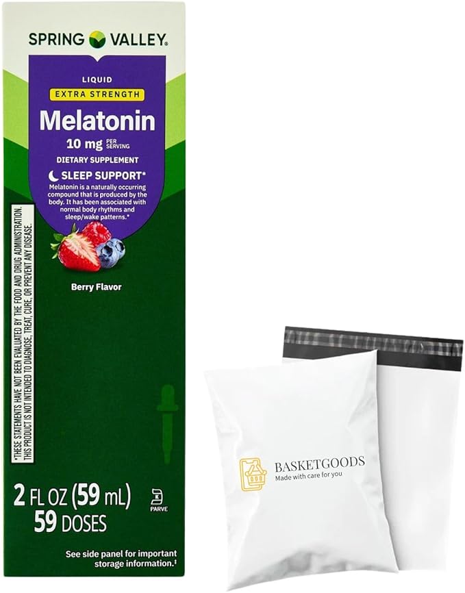 Melatonin 10mg Liquid Drops for Adults Dietary Supplement - Sleep Support by Spring Valley (Pack of 1-2 fl oz) - Set By Basket Goods