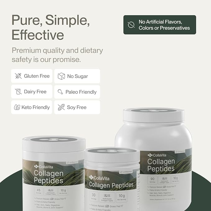 CollaVita Collagen Peptides Powder (3 Month Supply) Grass-Fed Pasture-Raised Hydrolyzed Collagen Powder Type I &amp III Hair Nails Skin &amp Joints Non-GMO Paleo &amp Keto Unflavored 32 oz.