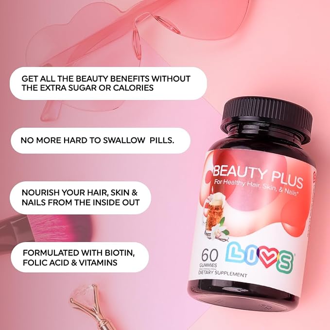 LIVS Beauty Plus Gummy Vitamins - Biotin Gummies for Hair Skin and Nails | Natural Gluten-Free Non-GMO Beauty Supplement with Vitamins A C E B12 D2 Zinc &amp More - Cream Soda Flavor - 120 Ct
